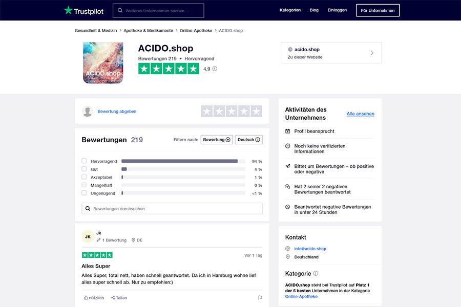 ACIDO.shop Trustedpilot Bewertungen