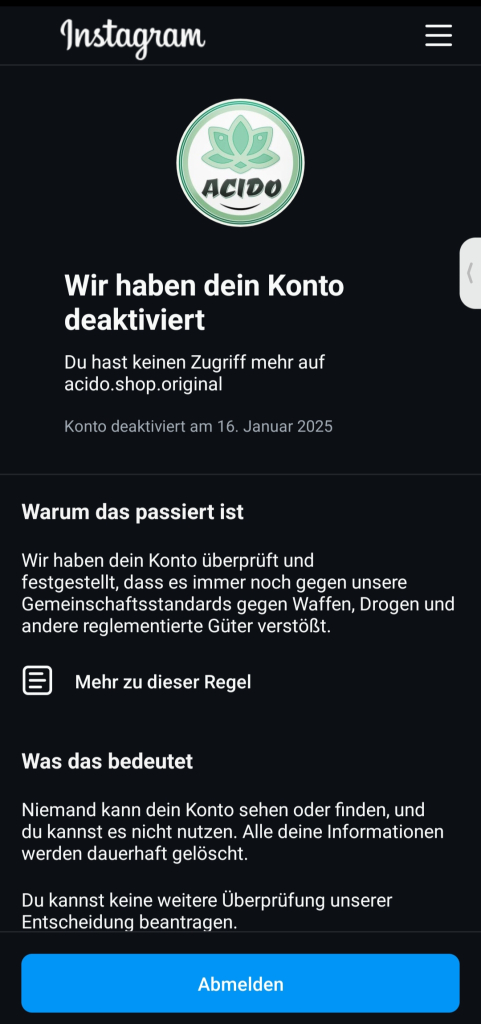 ACIDO Instagram Account erneut gesperrt